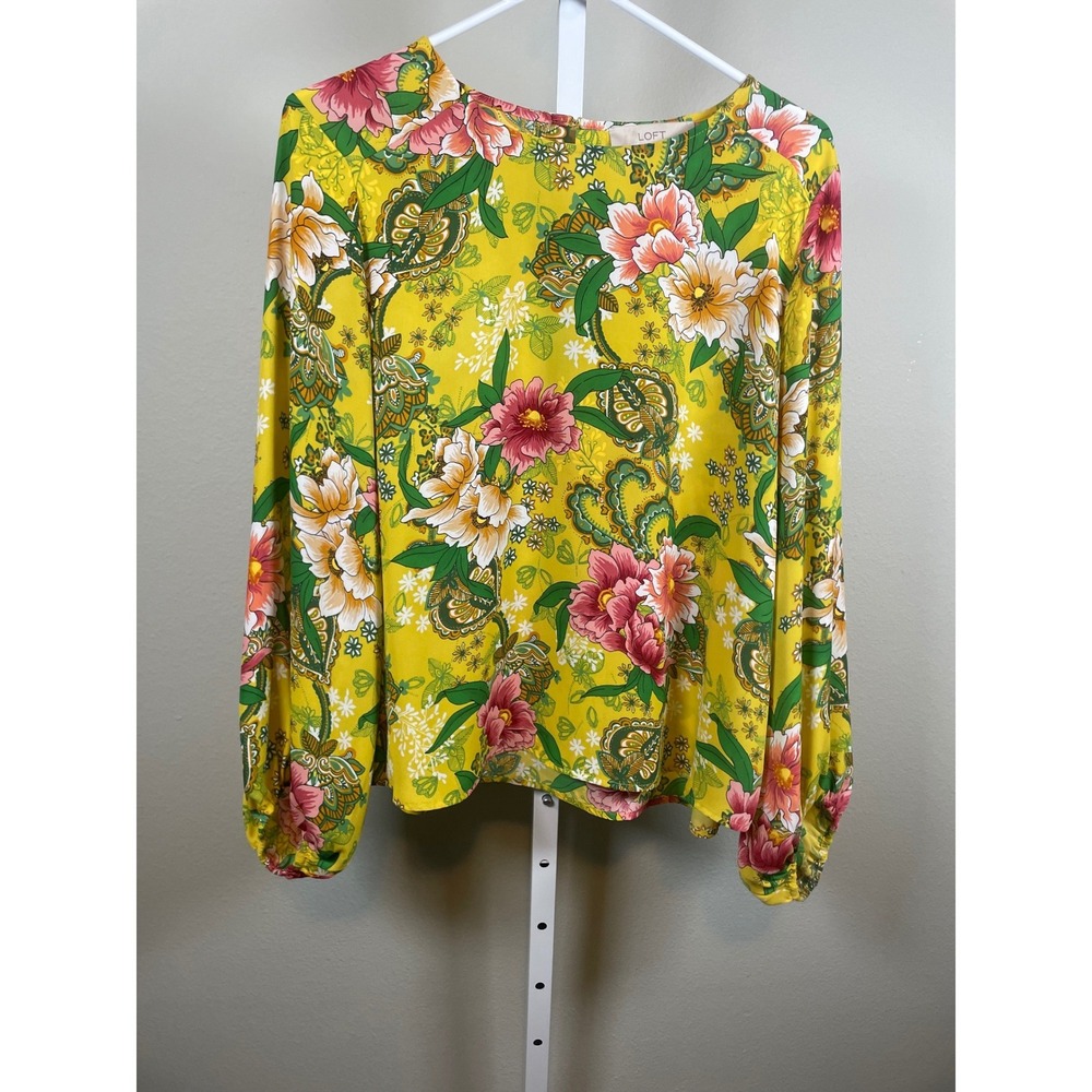 LOFT Blouse Women's Small Yellow Floral Paisley Long Balloon Sleeve Top Shirt